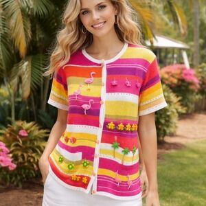 Susan Bristol Flamingo Tropical Embellished Large Short Sleeve Cardigan Top